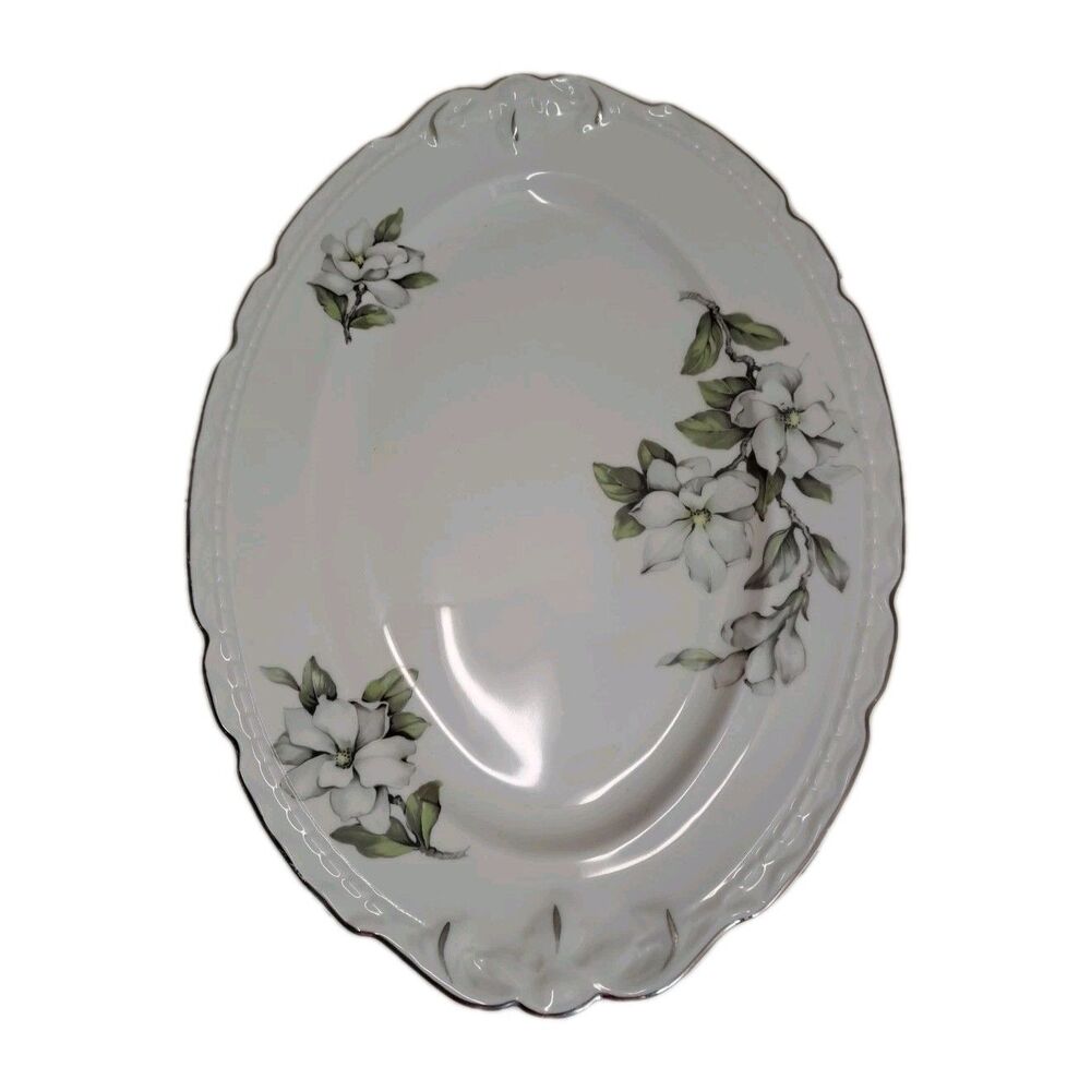 Embassy "White Rose" Silver Accent‎ Vitrified China USA Serving Dishh 16"X11"